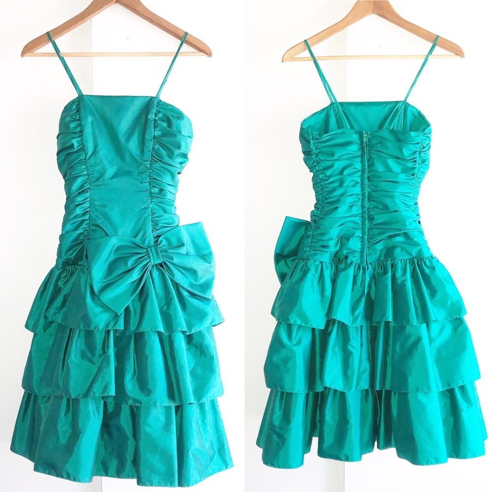 Vtg 80s Prom Dress Big Bow Layered Poofy Ruffles